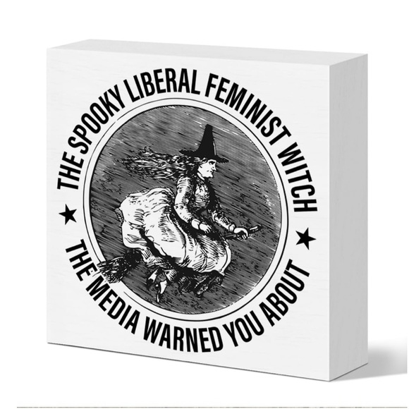 NEW “Spooky Liberal Feminist Witch” Wooden Box Decor Accent Art White Black - Picture 2 of 6